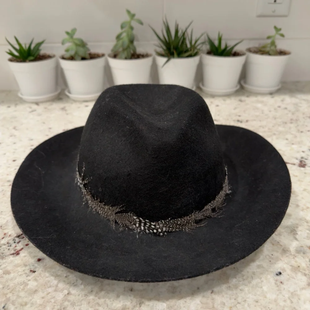 August Hat Company Black Wool Felt Fedora Wide Brim Feather Band